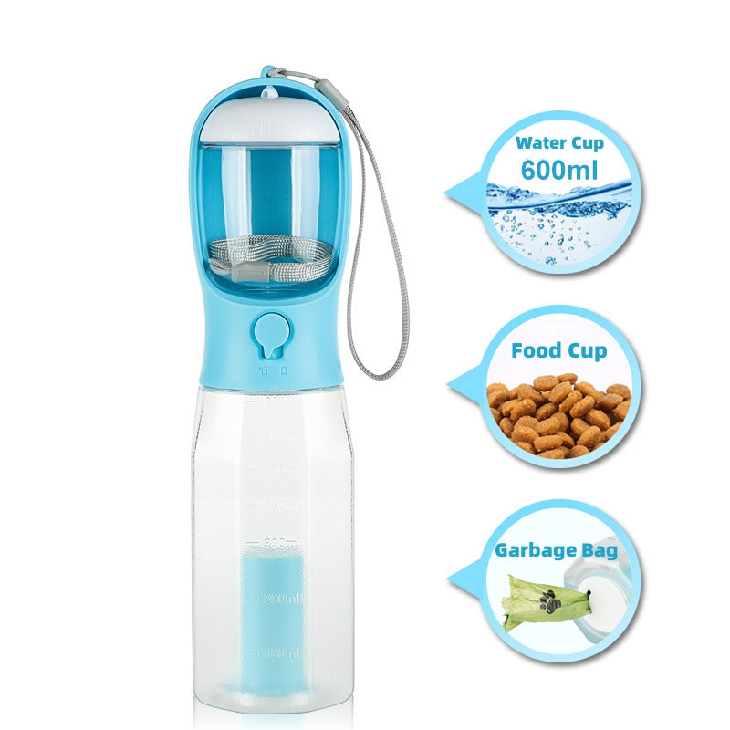 Portable Cat Dog Water Bottle Food Feeder Drinker Poop Dispenser 3 In 1